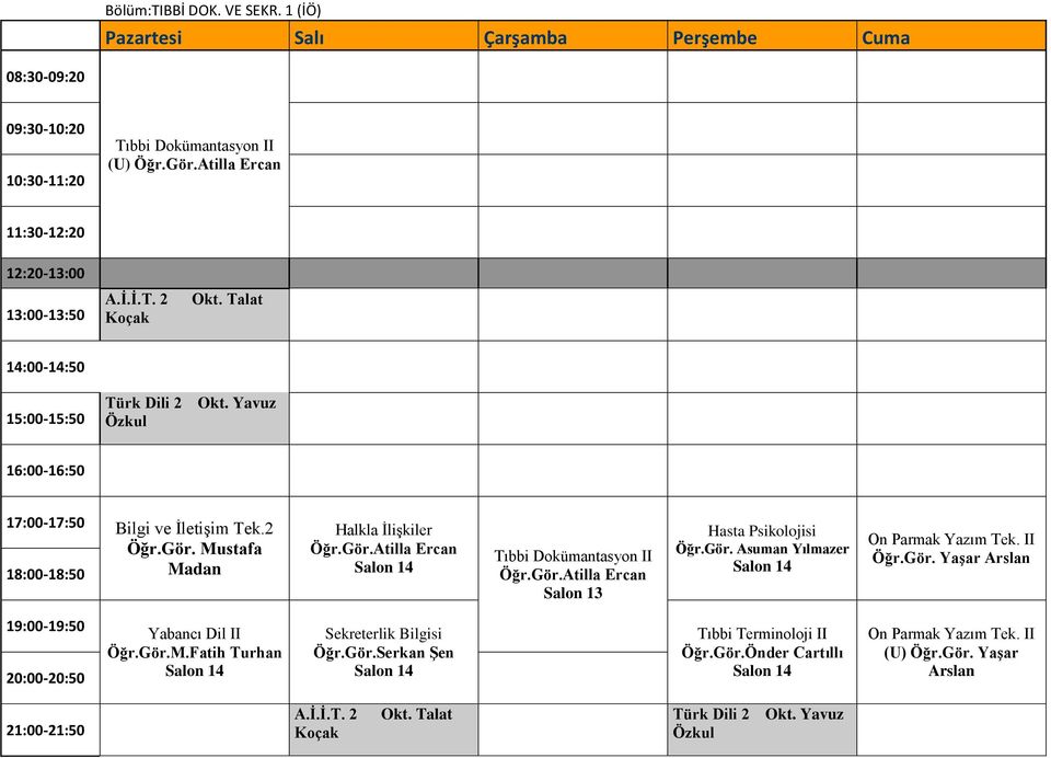 II Öğr.Gör. Yaşar Arslan Yabancı Dil II Öğr.Gör.M.Fatih Turhan 4 Sekreterlik Bilgisi Öğr.Gör.Serkan Şen 4 Tıbbi Terminoloji II Öğr.Gör.Önder Cartıllı 4 On Parmak Yazım Tek.