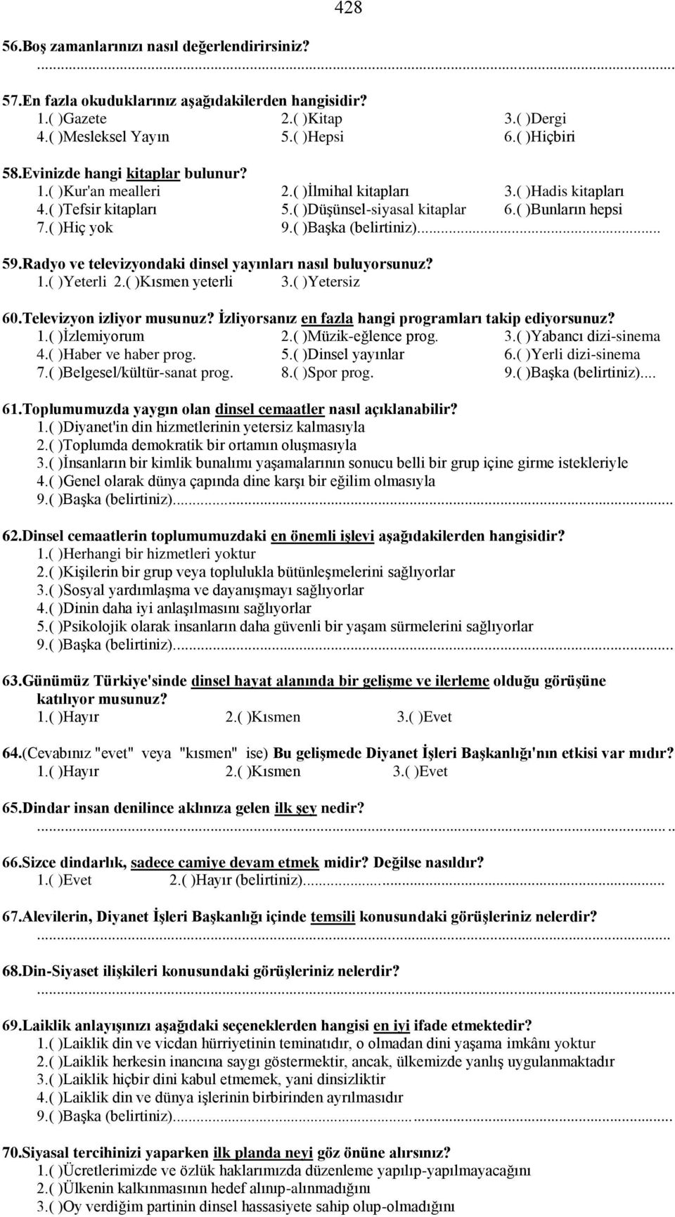 ( )Başka (belirtiniz)... 59.Radyo ve televizyondaki dinsel yayınları nasıl buluyorsunuz? 1.( )Yeterli 2.( )Kısmen yeterli 3.( )Yetersiz 60.Televizyon izliyor musunuz?