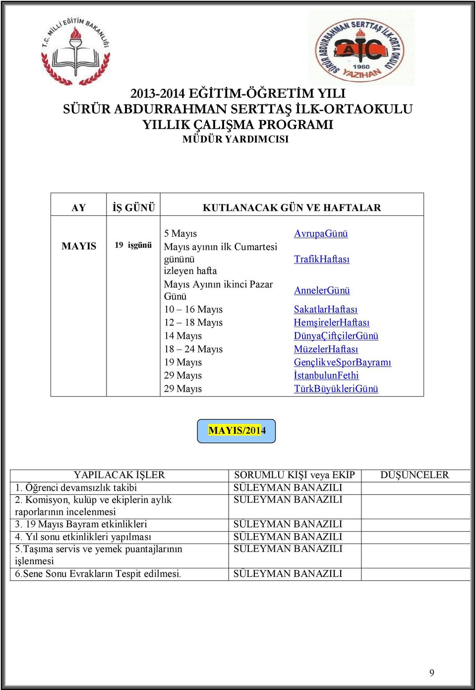 Mayıs İstanbulun Fethi 29 Mayıs Türk Büyükleri Günü MAYIS/2014 1. Öğrenci devamsızlık takibi 2.