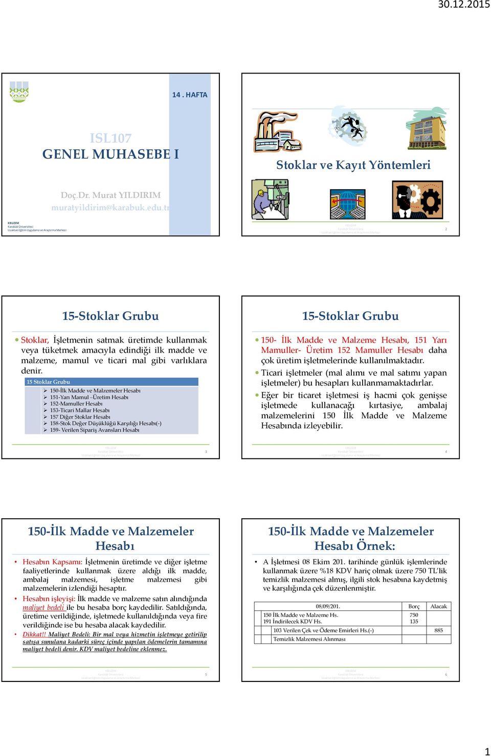 15 Stoklar Grubu 150-İlk Madde ve Malzemeler Hesabı 151-Yarı Mamul Üretim Hesabı 152-Mamuller Hesabı 153-Ticari Mallar Hesabı 157 Diğer Stoklar Hesabı 158-Stok Değer Düşüklüğü Karşılığı Hesabı(-)