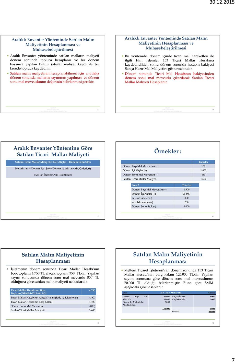 Satılan malın maliyetinin hesaplanabilmesi için mutlaka dönem sonunda malların sayımının yapılması ve dönem sonu mal mevcudunun değerinin belirlenmesi gerekir.