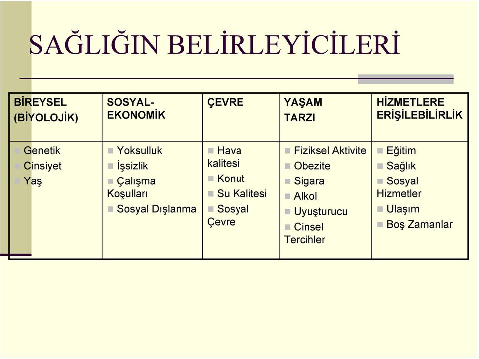 Sosyal Dışlanma Hava kalitesi Konut Su Kalitesi Sosyal Çevre Fiziksel Aktivite