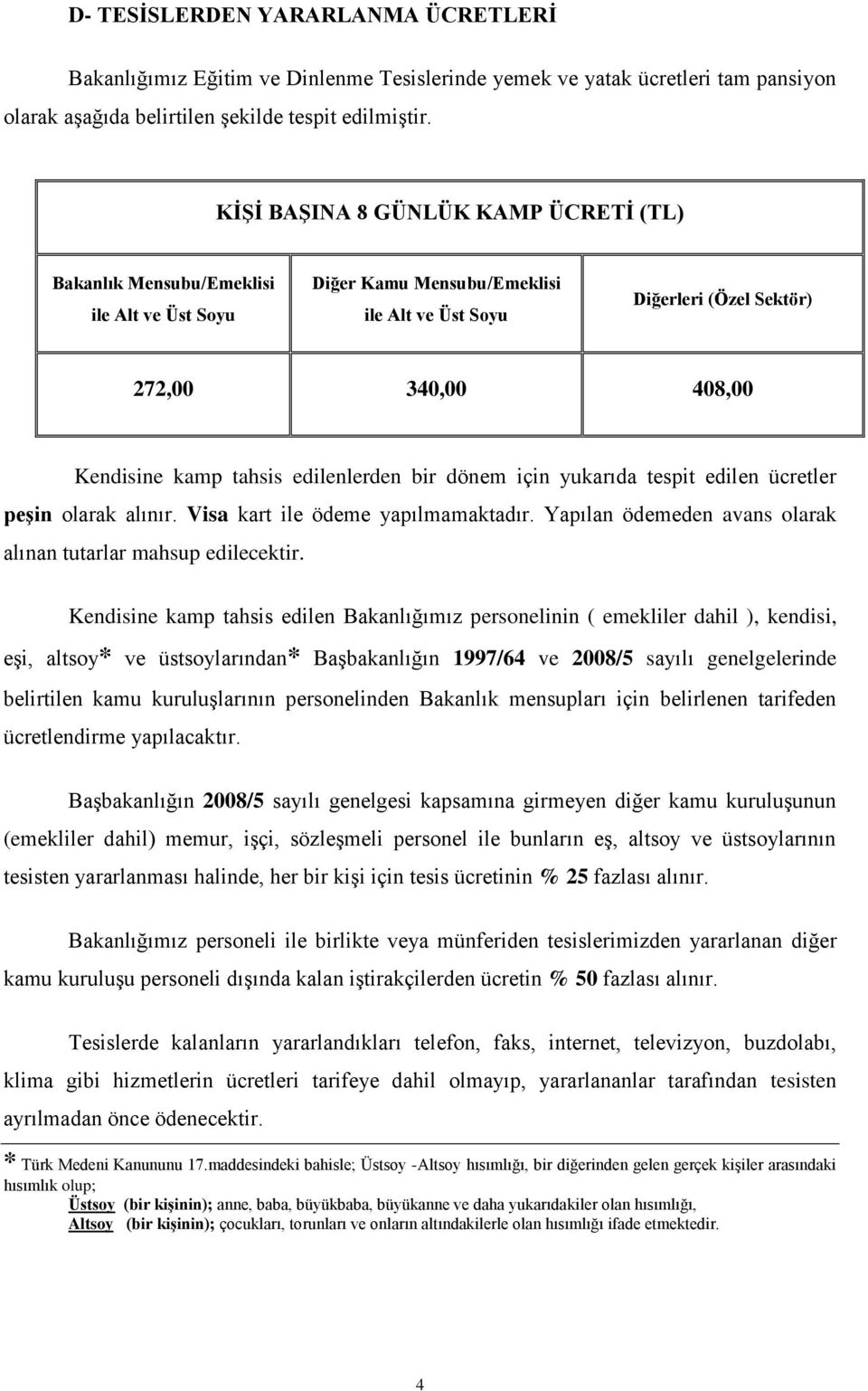 edilenlerden bir dönem için yukarıda tespit edilen ücretler peşin olarak alınır. Visa kart ile ödeme yapılmamaktadır. Yapılan ödemeden avans olarak alınan tutarlar mahsup edilecektir.