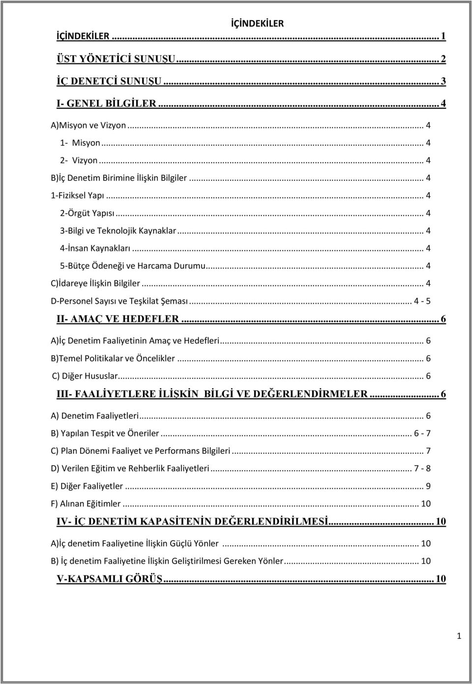 .. 4 D-Personel Sayısı ve Teşkilat Şeması... 4-5 II- AMAÇ VE HEDEFLER... 6 A)İç Denetim Faaliyetinin Amaç ve Hedefleri... 6 B)Temel Politikalar ve Öncelikler... 6 C) Diğer Hususlar.