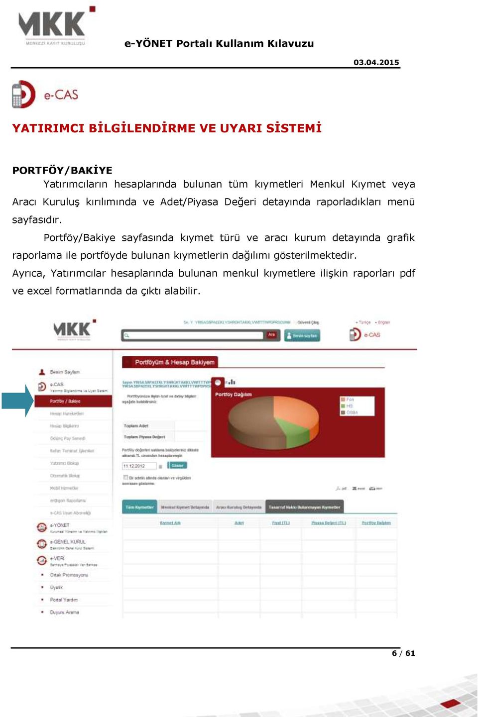 Portföy/Bakiye sayfasında kıymet türü ve aracı kurum detayında grafik raporlama ile portföyde bulunan kıymetlerin