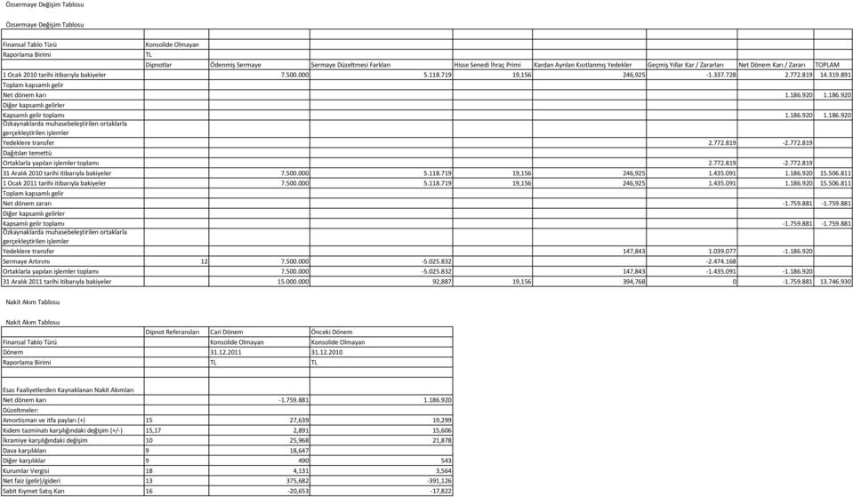 891 Toplam kapsamlı gelir Net dönem karı 1.186.920 1.186.920 Diğer kapsamlı gelirler Kapsamlı gelir toplamı 1.186.920 1.186.920 Özkaynaklarda muhasebeleştirilen ortaklarla gerçekleştirilen işlemler Yedeklere transfer 2.