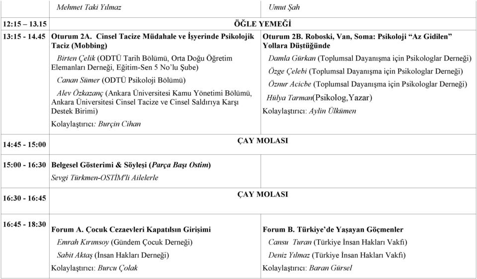 Özkazanç (Ankara Üniversitesi Kamu Yönetimi Bölümü, Ankara Üniversitesi Cinsel Tacize ve Cinsel Saldırıya Karşı Destek Birimi) Kolaylaştırıcı: Burçin Cihan Oturum 2B.