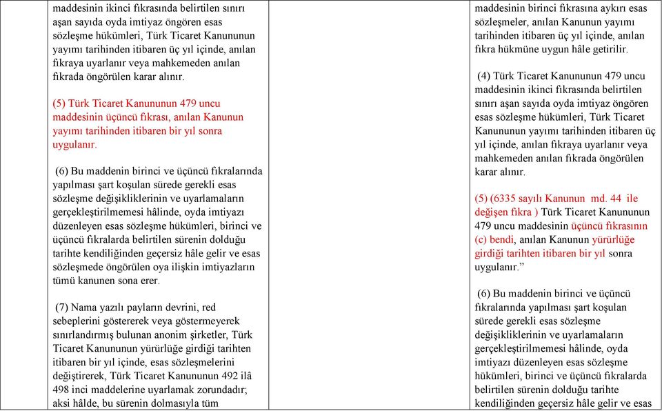 (6) Bu maddenin birinci ve üçüncü fıkralarında yapılması şart koşulan sürede gerekli esas sözleşme değişikliklerinin ve uyarlamaların gerçekleştirilmemesi hâlinde, oyda imtiyazı düzenleyen esas