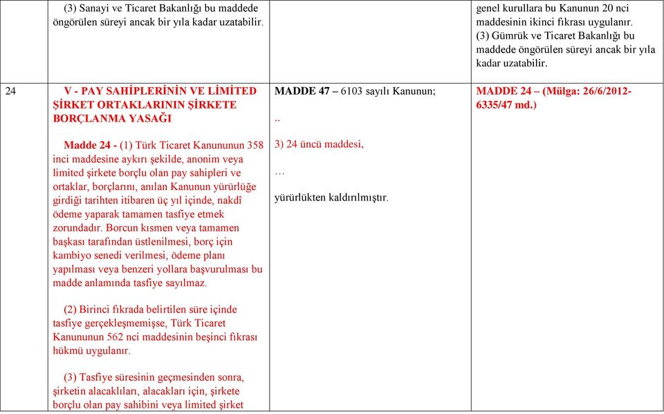 sahipleri ve ortaklar, borçlarını, anılan Kanunun yürürlüğe girdiği tarihten itibaren üç yıl içinde, nakdî ödeme yaparak tamamen tasfiye etmek zorundadır.