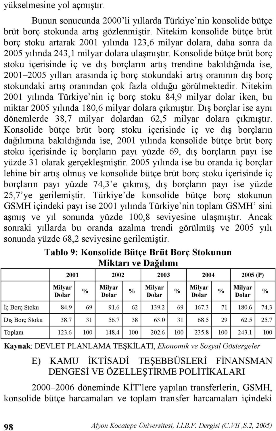 Konsolide bütçe brüt borç stoku içerisinde iç ve d borçlarn art trendine bakld"nda ise, 2001 2005 yllar arasnda iç borç stokundaki art orannn d borç stokundaki art oranndan çok fazla oldu"u