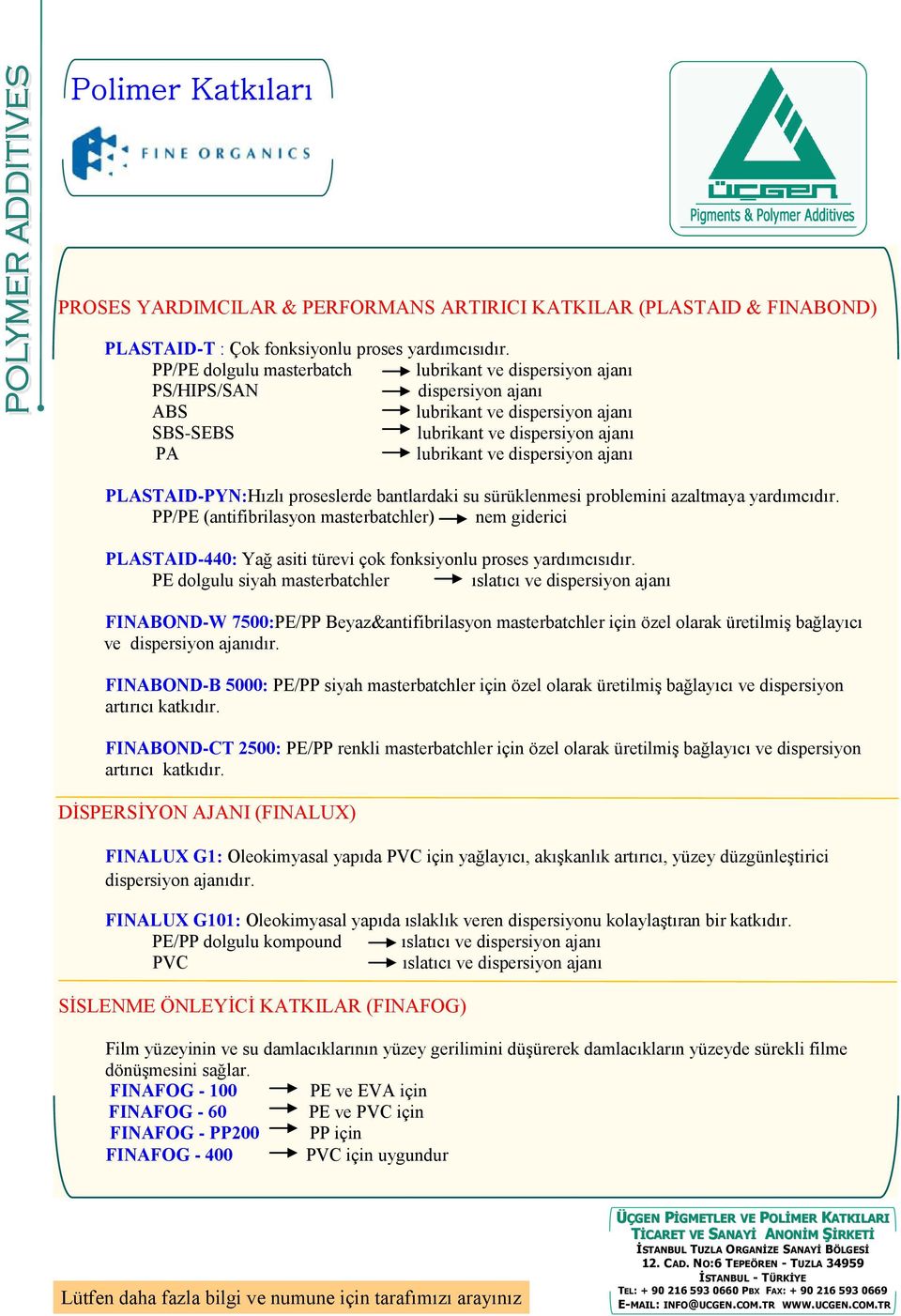 PP/PE (antifibrilasyon masterbatchler) nem giderici PLASTAID-440: Yağ asiti türevi çok fonksiyonlu proses yardımcısıdır.