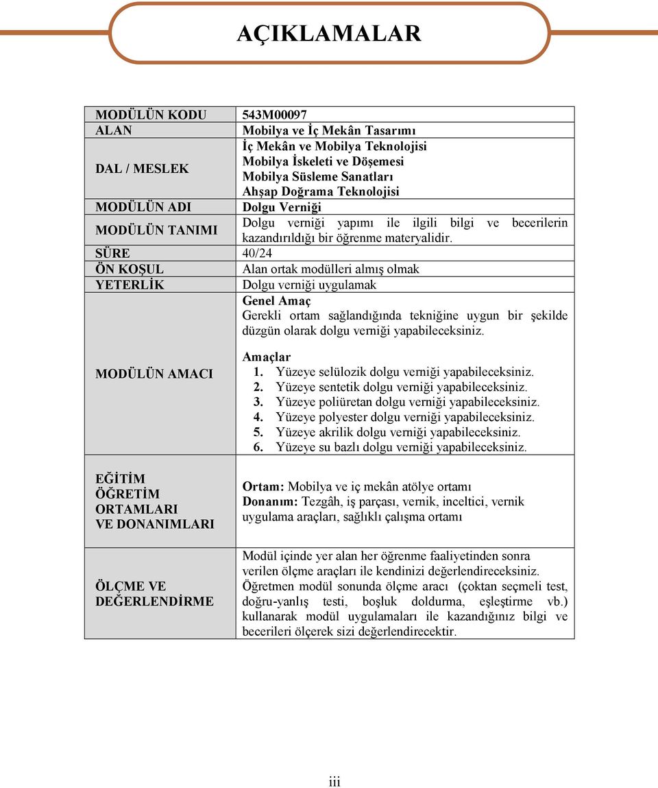 SÜRE 40/24 ÖN KOŞUL Alan ortak modülleri almış olmak YETERLİK Dolgu verniği uygulamak Genel Amaç Gerekli ortam sağlandığında tekniğine uygun bir şekilde düzgün olarak dolgu verniği yapabileceksiniz.