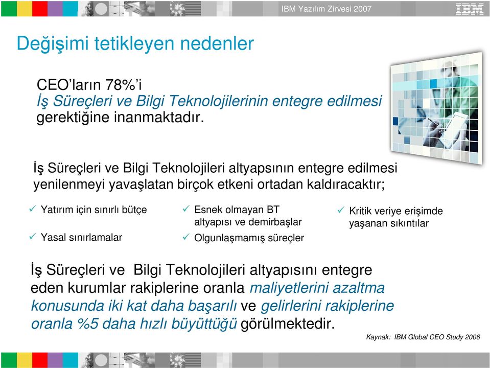 sınırlamalar Esnek olmayan BT altyapısı ve demirbaşlar Olgunlaşmamış süreçler Kritik veriye erişimde yaşanan sıkıntılar İş Süreçleri ve Bilgi Teknolojileri