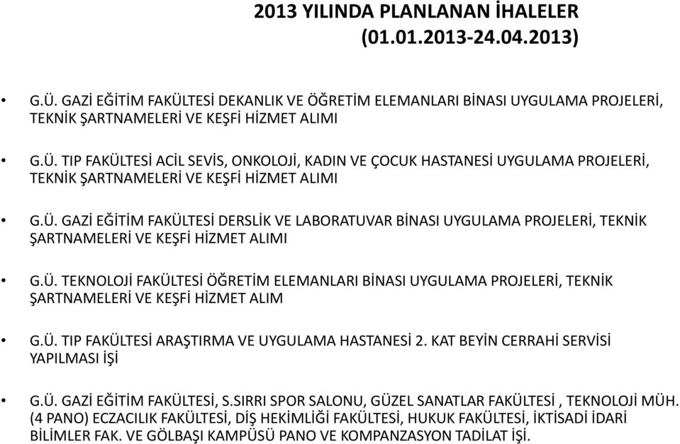 Ü. TIP FAKÜLTESİ ARAŞTIRMA VE UYGULAMA HASTANESİ 2. KAT BEYİN CERRAHİ SERVİSİ YAPILMASI İŞİ G.Ü. GAZİ EĞİTİM FAKÜLTESİ, S.SIRRI SPOR SALONU, GÜZEL SANATLAR FAKÜLTESİ, TEKNOLOJİ MÜH.