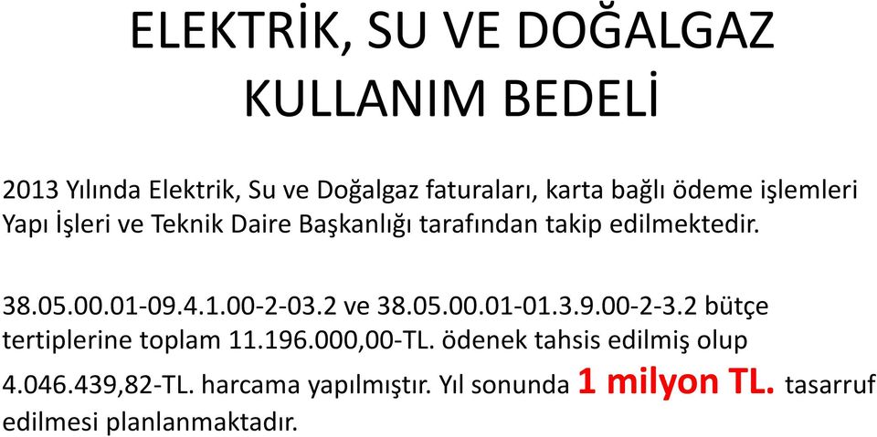 09.4.1.00 2 03.2 ve 38.05.00.01 01.3.9.00 2 3.2 bütçe tertiplerine toplam 11.196.000,00 TL.