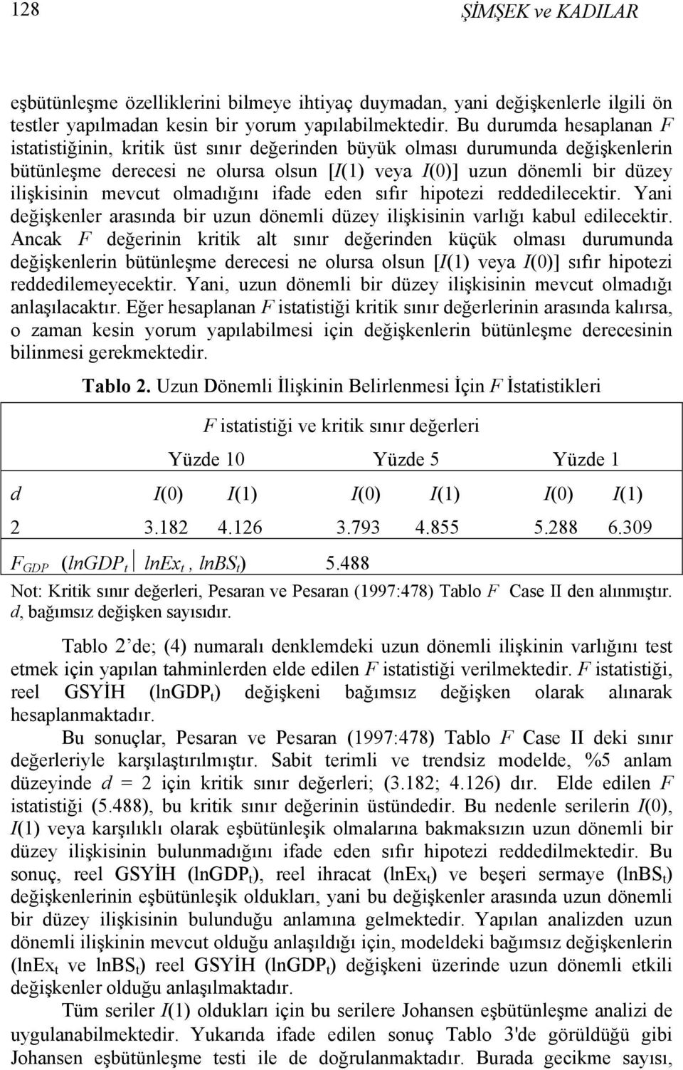 olmadığını ifade eden sıfır hipotezi reddedilecektir. Yani değişkenler arasında bir uzun dönemli düzey ilişkisinin varlığı kabul edilecektir.