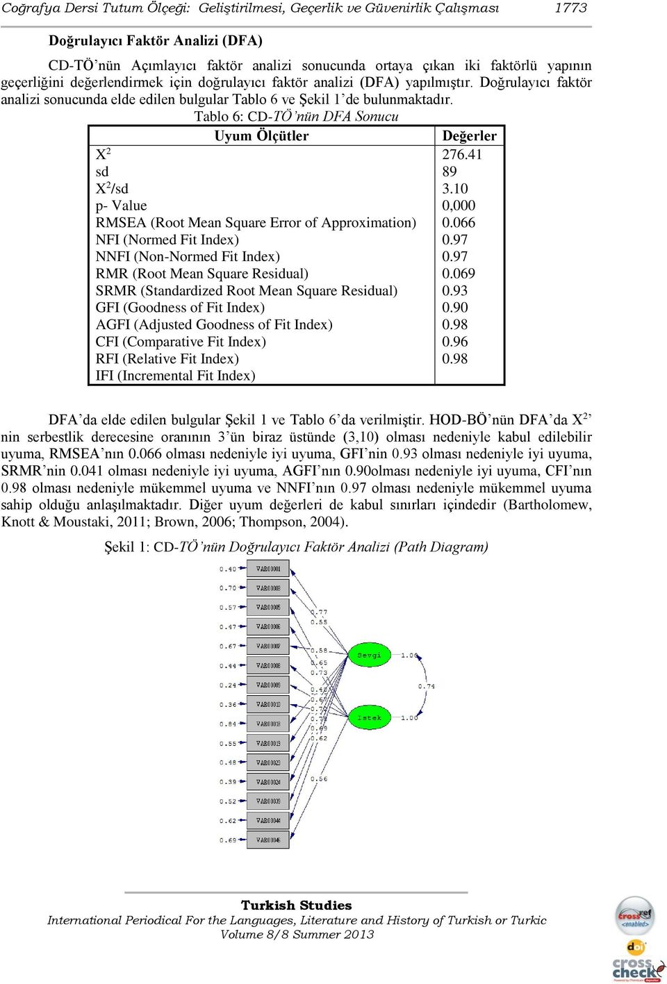 Tablo 6: CD-TÖ nün DFA Sonucu Uyum Ölçütler Değerler X 2 sd X 2 /sd p- Value RMSEA (Root Mean Square Error of Approximation) NFI (Normed Fit Index) NNFI (Non-Normed Fit Index) RMR (Root Mean Square