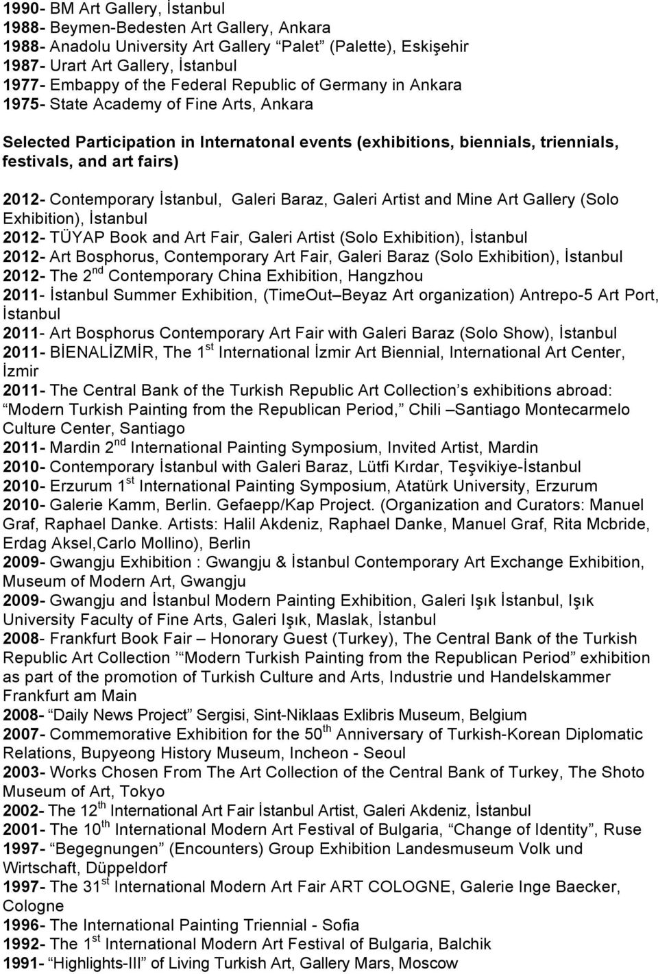 İstanbul, Galeri Baraz, Galeri Artist and Mine Art Gallery (Solo Exhibition), İstanbul 2012- TÜYAP Book and Art Fair, Galeri Artist (Solo Exhibition), İstanbul 2012- Art Bosphorus, Contemporary Art