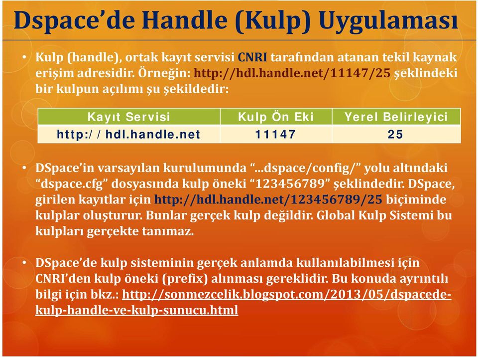 Bunlar gerçek kulp değildir. Global Kulp Sistemi bu kulpları gerçekte tanımaz. DSpace de kulp sisteminin gerçek anlamda kullanılabilmesi için CNRI den kulp öneki (prefix) alınması gereklidir.