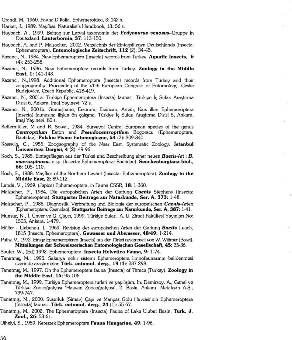 Verzeichriis der Eintagsfliegen Deutschlands (Insecta: Ephemeroptera). Entomologische Zeitschrift, 112 (2): 34-45. Kazanci, N., 1984. New Ephemeroptera (Insecta) records from Turkey.