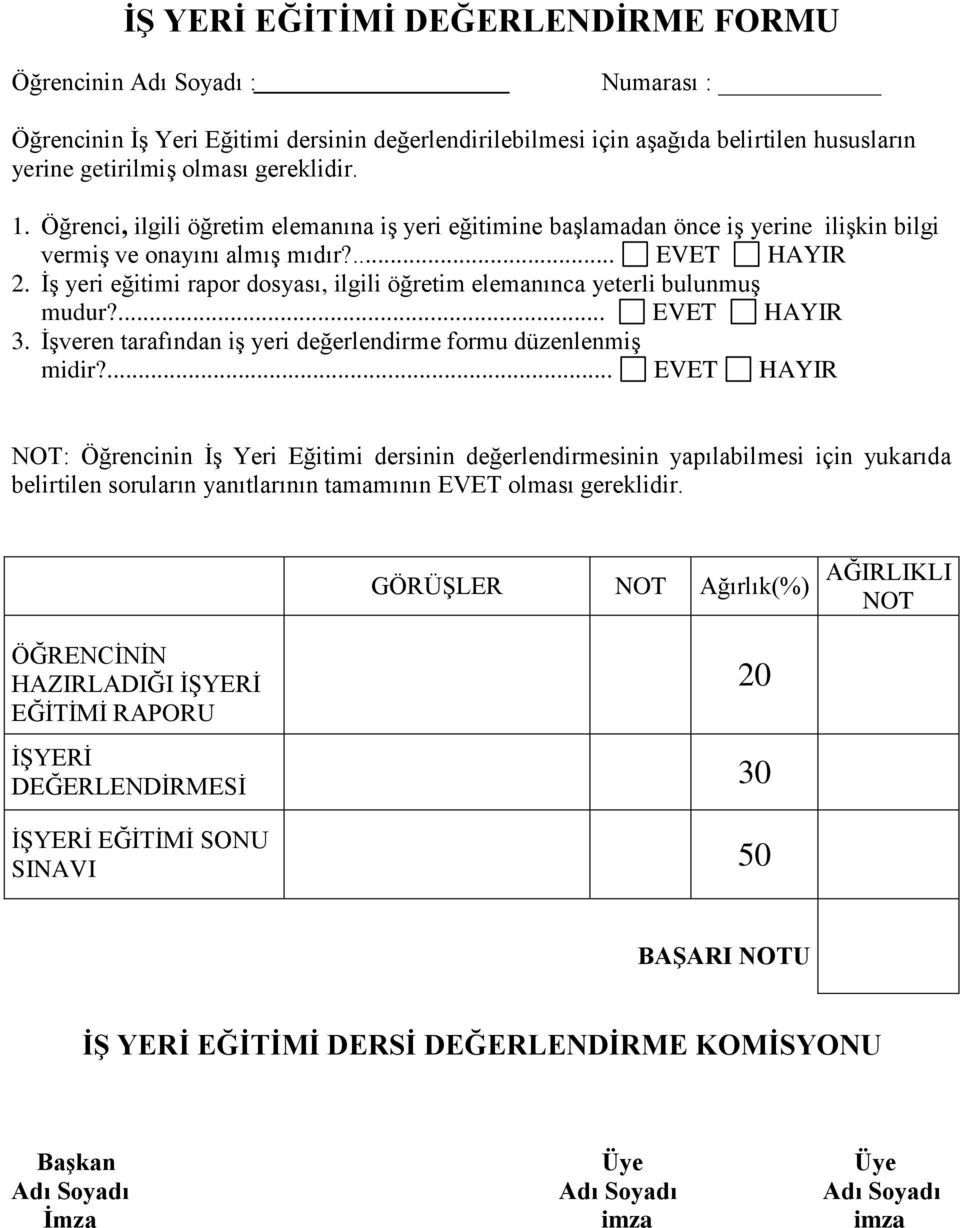 İş yeri eğitimi rapor dosyası, ilgili öğretim elemanınca yeterli bulunmuş mudur?... EVET HAYIR 3. İşveren tarafından iş yeri değerlendirme formu düzenlenmiş midir?