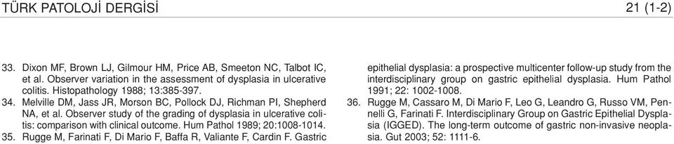 Observer study of the grading of dysplasia in ulcerative colitis: comparison with clinical outcome. Hum Pathol 1989; 20:1008-1014. 35. Rugge M, Farinati F, Di Mario F, Baffa R, Valiante F, Cardin F.