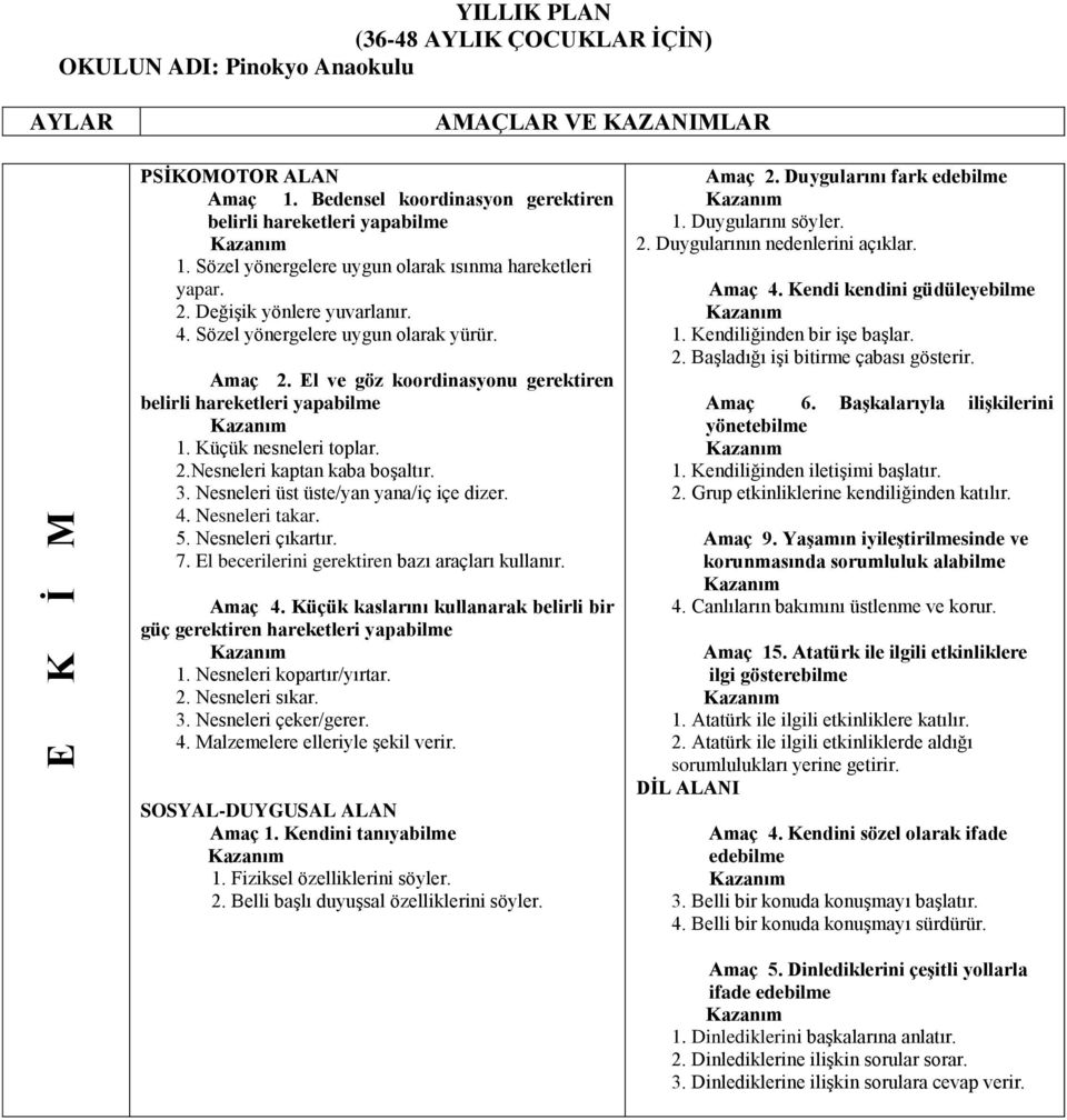 E K Ġ M. YILLIK PLAN (36-48 AYLIK ÇOCUKLAR ĠÇĠN) OKULUN ADI: Pinokyo  Anaokulu AMAÇLAR VE KAZANIMLAR - PDF Ücretsiz indirin