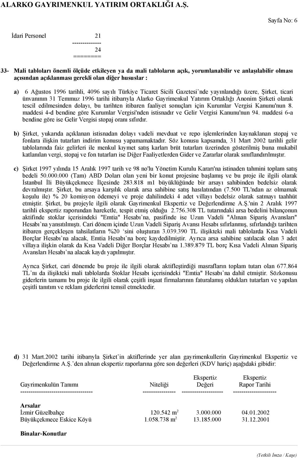 Yatırım Ortaklığı Anonim Şirketi olarak tescil edilmesinden dolayı, bu tarihten itibaren faaliyet sonuçları için Kurumlar Vergisi Kanunu'nun 8.