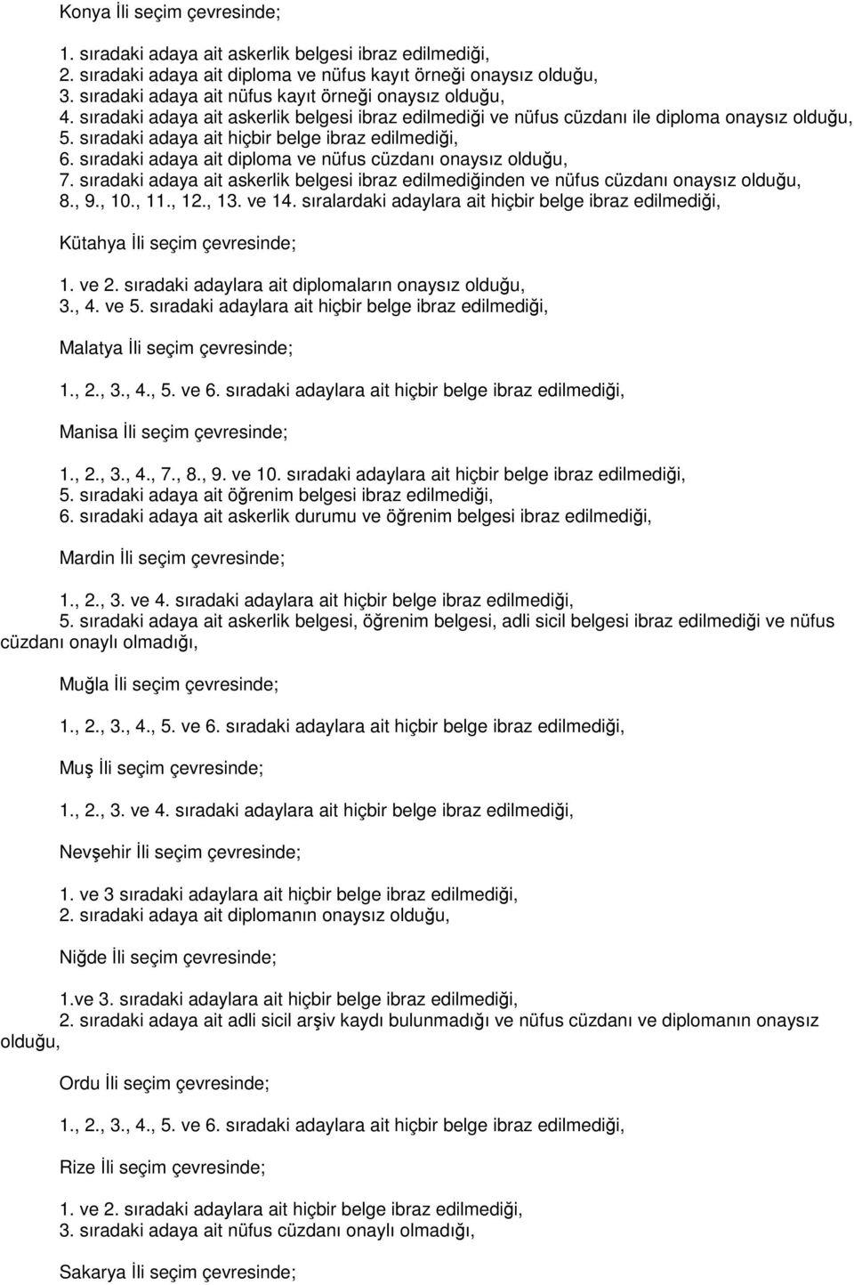 sıradaki adaya ait hiçbir belge ibraz edilmediği, 6. sıradaki adaya ait diploma ve nüfus cüzdanı onaysız olduğu, 7.