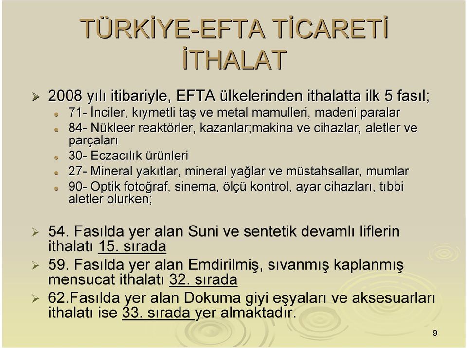 90- Optik fotoğraf, sinema, ölçü kontrol, ayar cihazları,, tıbbi t aletler olurken; 54. Fasılda yer alan Suni ve sentetik devamlı liflerin ithalatı 15. sırada 59.