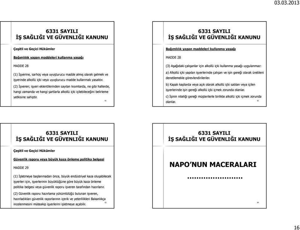 61 Bağımlılık yapan maddeleri kullanma yasağı MADDE 28 (3) Aşağıdaki çalışanlar için alkollü içki kullanma yasağı uygulanmaz: a) Alkollü içki yapılan işyerlerinde çalışan ve işin gereği olarak