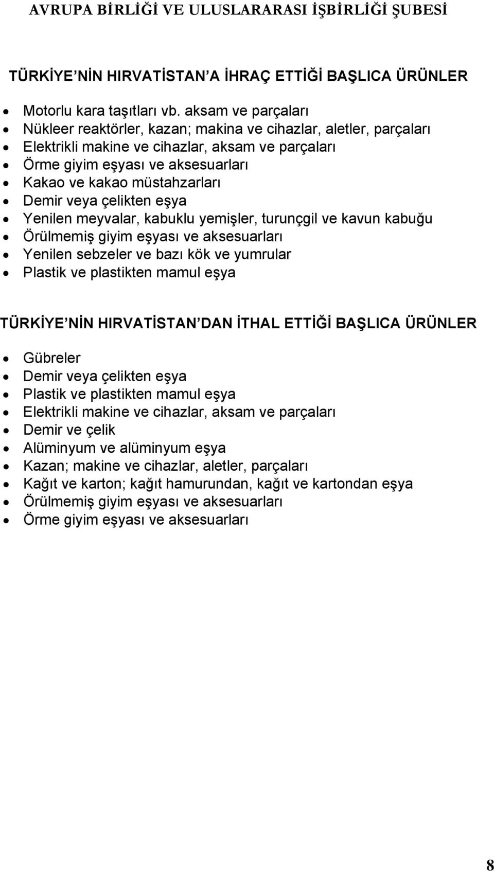 Demir veya çelikten eşya Yenilen meyvalar, kabuklu yemişler, turunçgil ve kavun kabuğu Örülmemiş giyim eşyası ve aksesuarları Yenilen sebzeler ve bazı kök ve yumrular Plastik ve plastikten mamul eşya