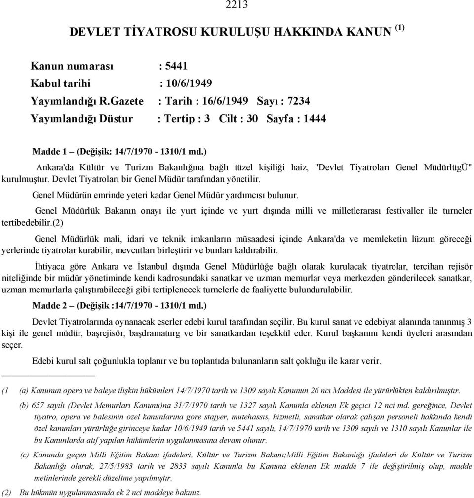 ) Ankara'da Kültür ve Turizm Bakanlığına bağlı tüzel kişiliği haiz, "Devlet Tiyatroları Genel MüdürlügÜ" kurulmuştur. Devlet Tiyatroları bir Genel Müdür tarafından yönetilir.