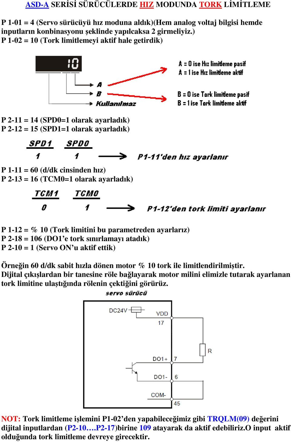 ) P 2-11 = 14 (SPD0=1 olarak ayarladık) P 2-12 = 15 (SPD1=1 olarak ayarladık) P 1-11 = 60 (d/dk cinsinden hız) P 2-13 = 16 (TCM0=1 olarak ayarladık) Örneğin 60