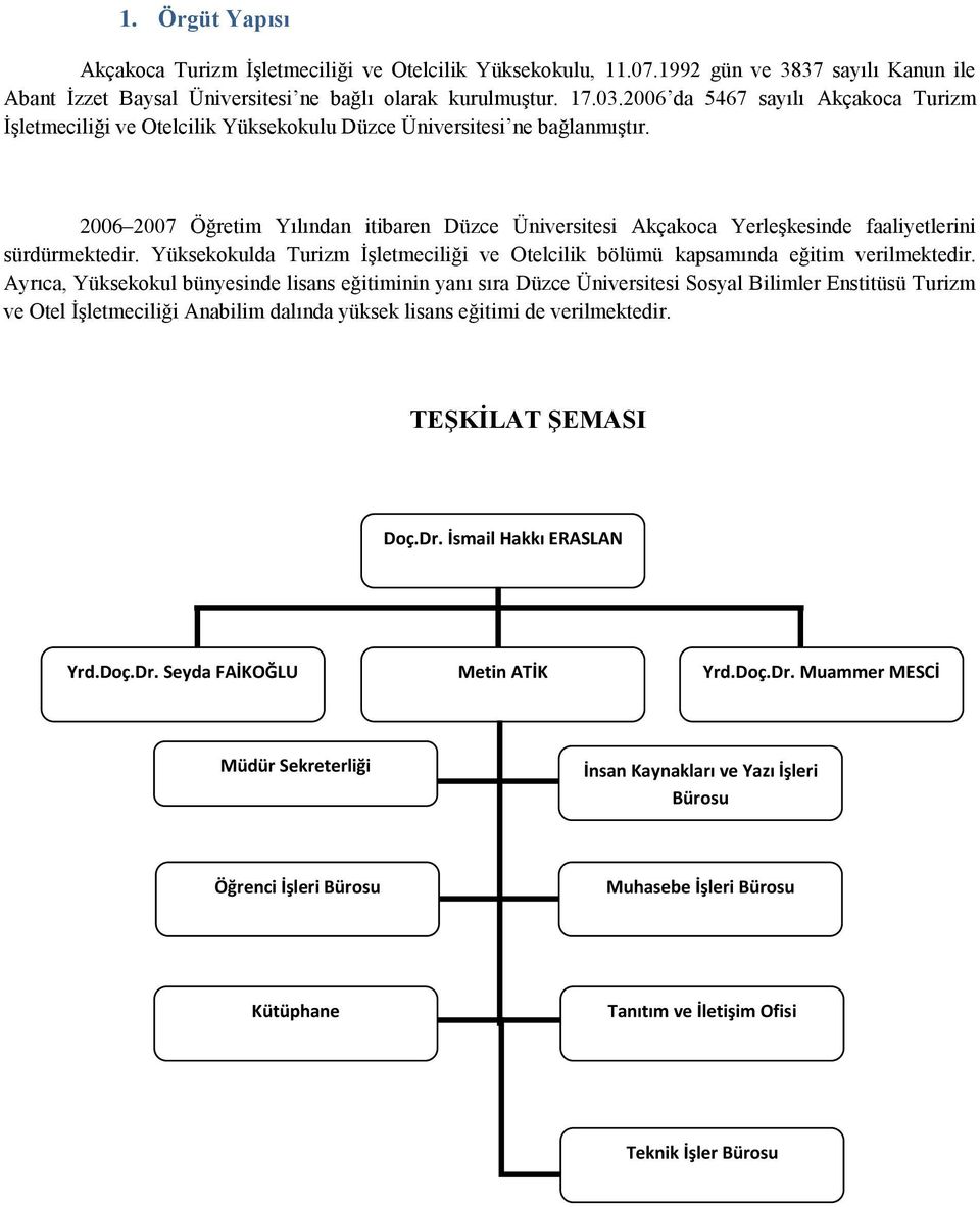 2006 2007 Öğretim Yılından itibaren Düzce Üniversitesi Akçakoca Yerleşkesinde faaliyetlerini sürdürmektedir. Yüksekokulda Turizm İşletmeciliği ve Otelcilik bölümü kapsamında eğitim verilmektedir.