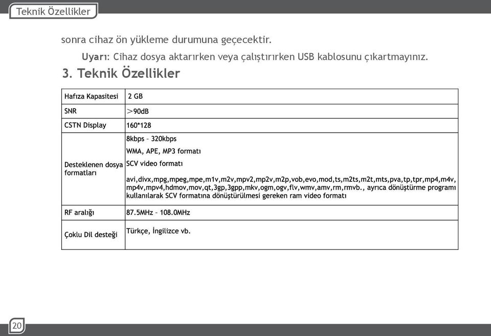 Uyarı: Cihaz dosya aktarırken veya