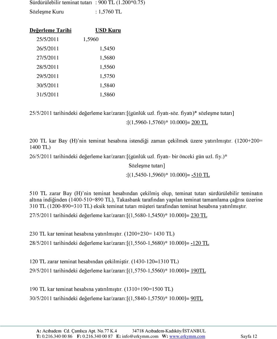 değerleme kar/zararı:[(günlük uzl. fiyatı-söz. fiyatı)* sözleşme tutarı] :[(1,5960-1,5760)* 10.000]= 200 TL 200 TL kar Bay (H) nin teminat hesabına istendiği zaman çekilmek üzere yatırılmıştır.