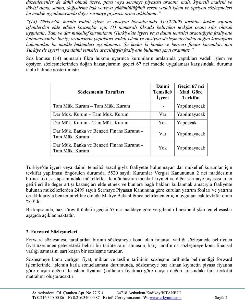 (14) Türkiye'de kurulu vadeli işlem ve opsiyon borsalarında 31/12/2008 tarihine kadar yapılan işlemlerden elde edilen kazançlar için (1) numaralı fıkrada belirtilen tevkifat oranı sıfır olarak