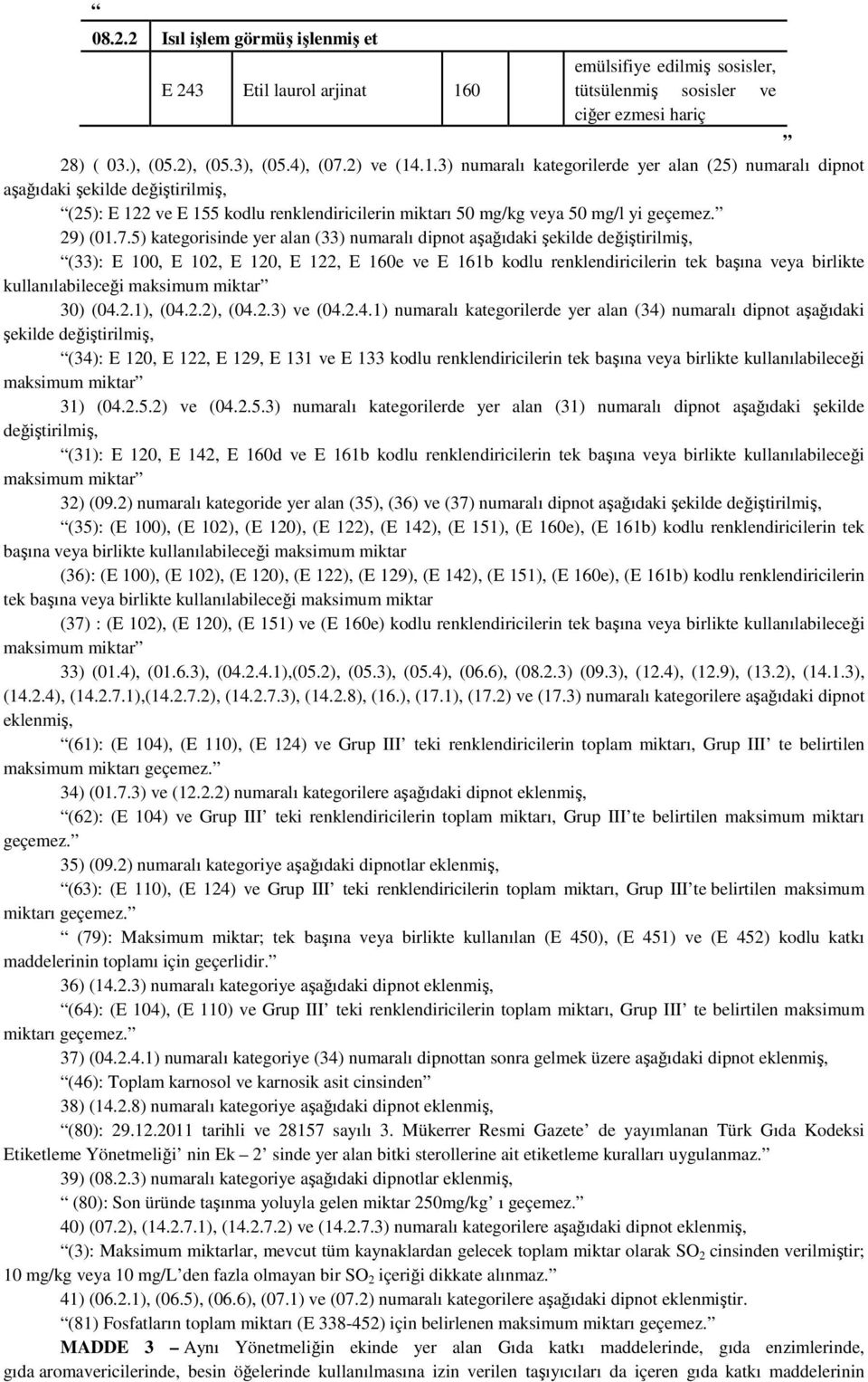 .1.3) numaralı kategorilerde yer alan (25) numaralı dipnot aşağıdaki şekilde değiştirilmiş, (25): E 122 ve E 155 kodlu renklendiricilerin miktarı 50 mg/kg veya 50 mg/l yi geçemez. 29) (01.7.