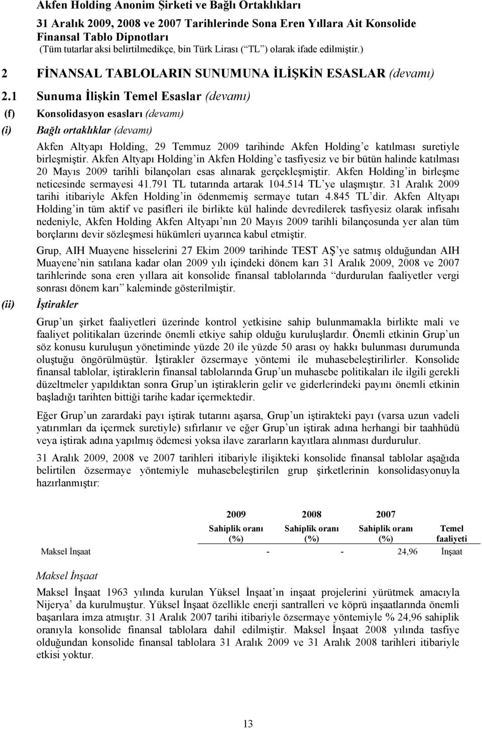 birleşmiştir. Akfen Altyapı Holding in Akfen Holding e tasfiyesiz ve bir bütün halinde katılması 20 Mayıs 2009 tarihli bilançoları esas alınarak gerçekleşmiştir.