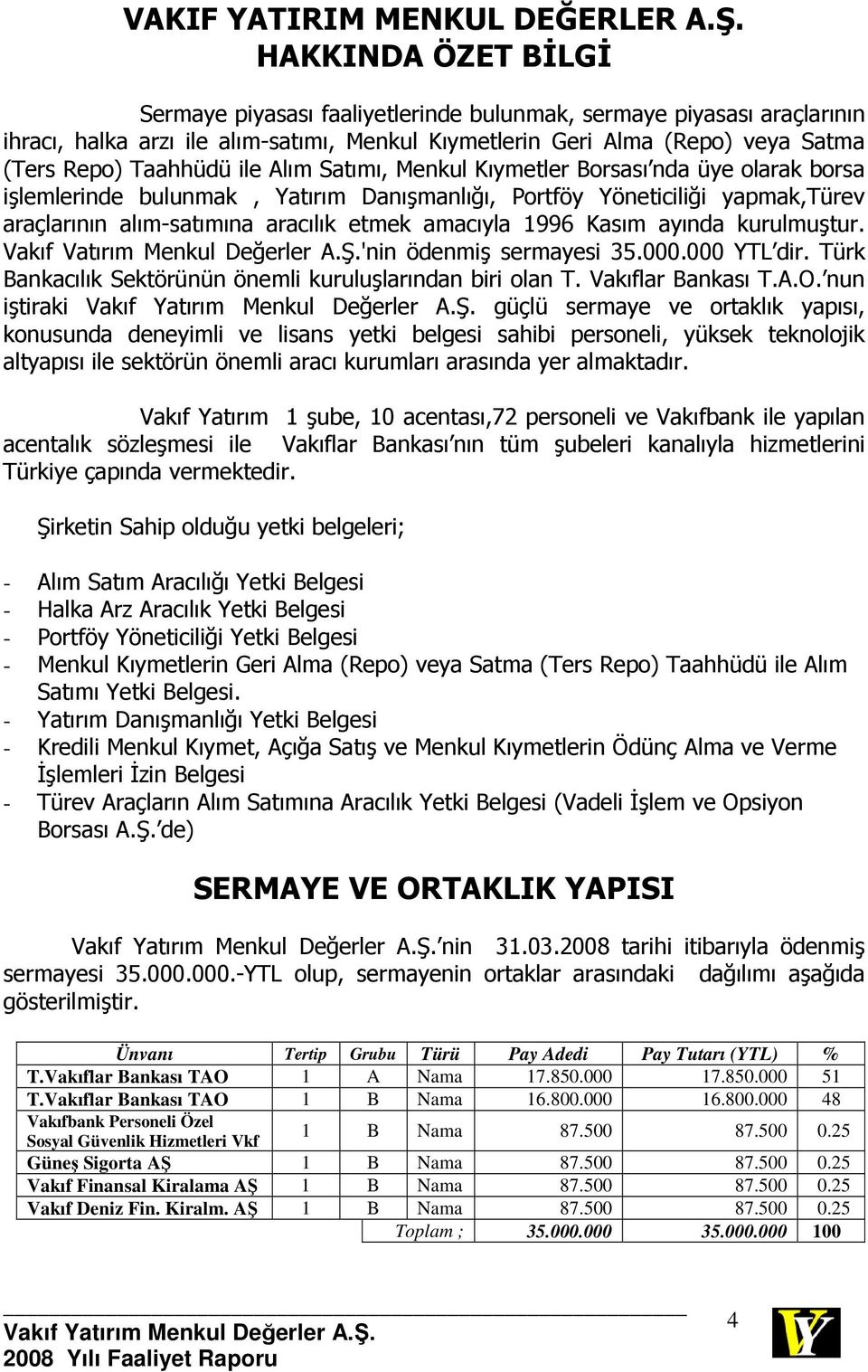 Alım Satımı, Menkul Kıymetler Borsası nda üye olarak borsa işlemlerinde bulunmak, Yatırım Danışmanlığı, Portföy Yöneticiliği yapmak,türev araçlarının alım-satımına aracılık etmek amacıyla 1996 Kasım