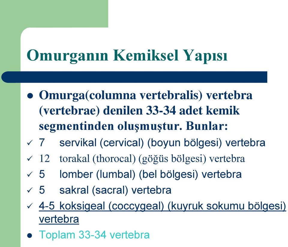 Bunlar: 7 12 5 5 servikal (cervical) (boyun bölgesi) vertebra torakal (thorocal) (göğüs