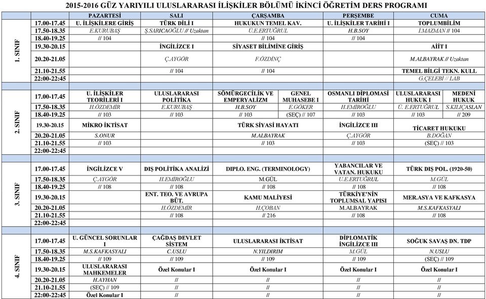 ALBAYRAK // Uzaktan 21.10-21.55 // 104 // 104 TEMEL BİLGİ TEKN. KULL G.ÇELEBİ // LAB U. İLİŞKİLER ULUSLARARASI SÖMÜRGECİLİK VE GENEL OSMANLI DİPLOMASİ ULUSLARARASI MEDENİ 17.00-17.