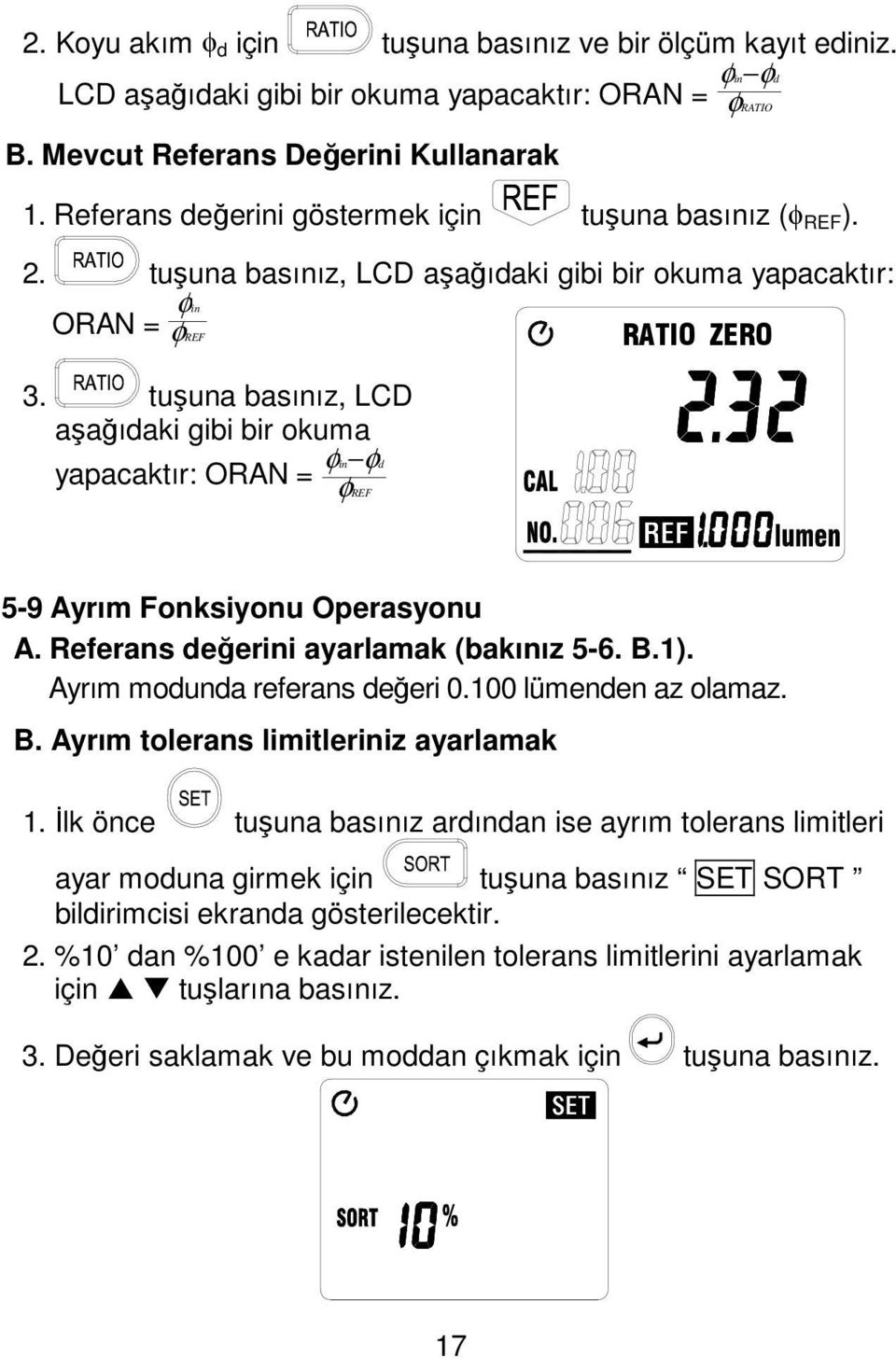tuşuna basınız, LCD aşağıdaki gibi bir okuma yapacaktır: ORAN = φ φ d φ in REF φ in RATIO RATIO ZERO 5-9 Ayrım Fonksiyonu Operasyonu A. Referans değerini ayarlamak (bakınız 5-6. B.1).
