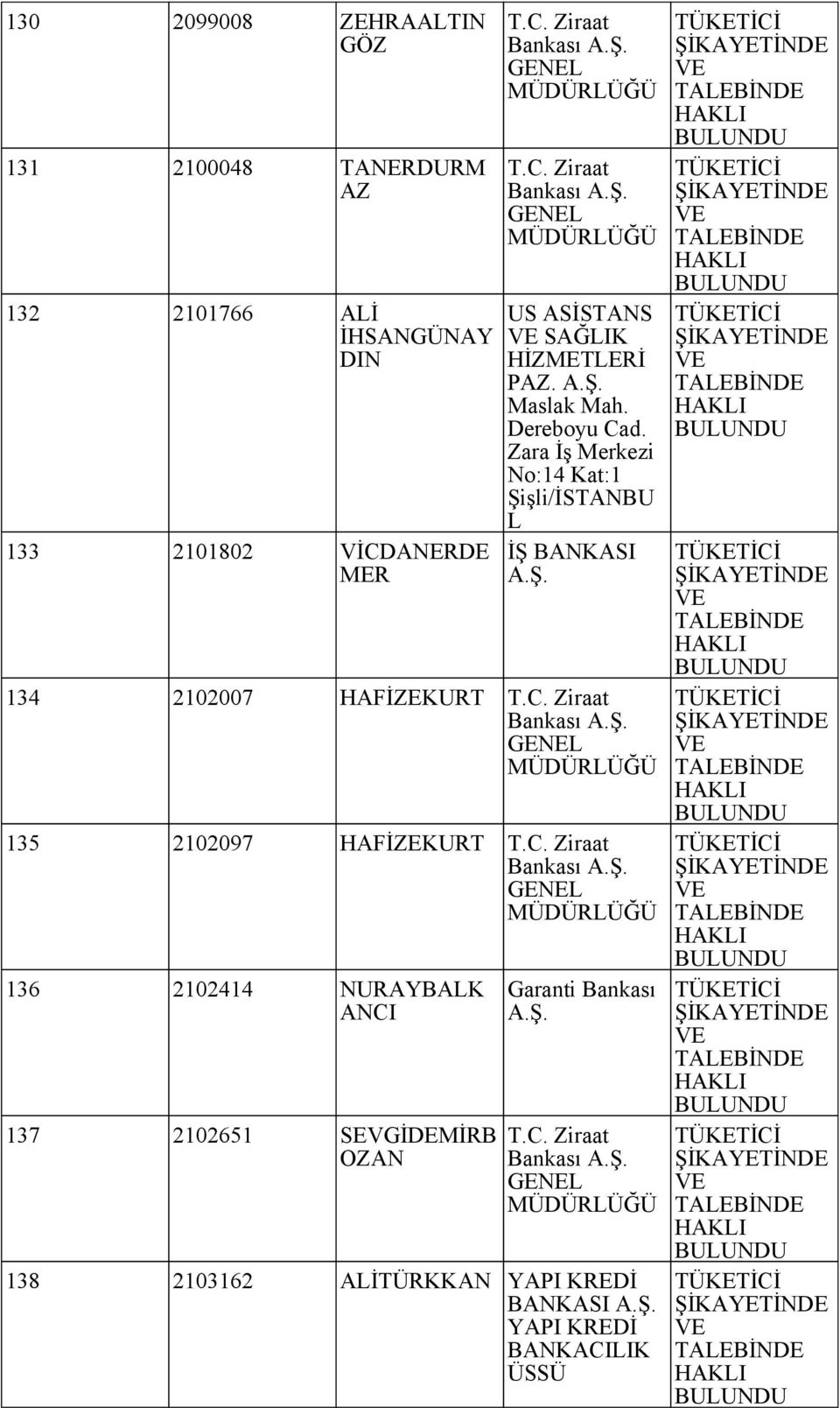 Zara İş Merkezi o:14 Kat:1 Şişli/İSTABU L İŞ BAKASI 134 2102007 HAFİZEKURT 135 2102097