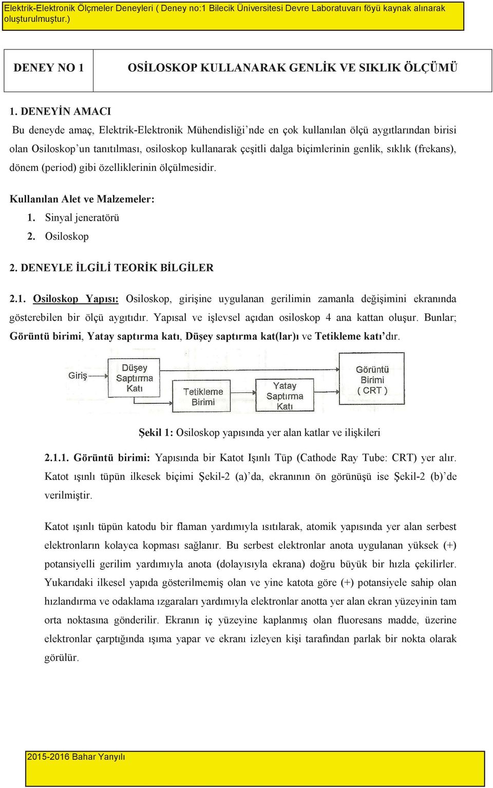 ) Bilecik eyh Edebali Üniversitesi EEM09 Devre Laboratuar DENEY NO 1 OS LOSKOP KULLANARAK GENL K VE SIKLIK ÖLÇÜMÜ 1.