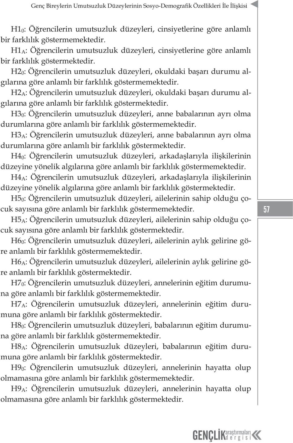 H2 0: Öğrencilerin umutsuzluk düzeyleri, okuldaki başarı durumu algılarına göre anlamlı bir farklılık göstermemektedir.