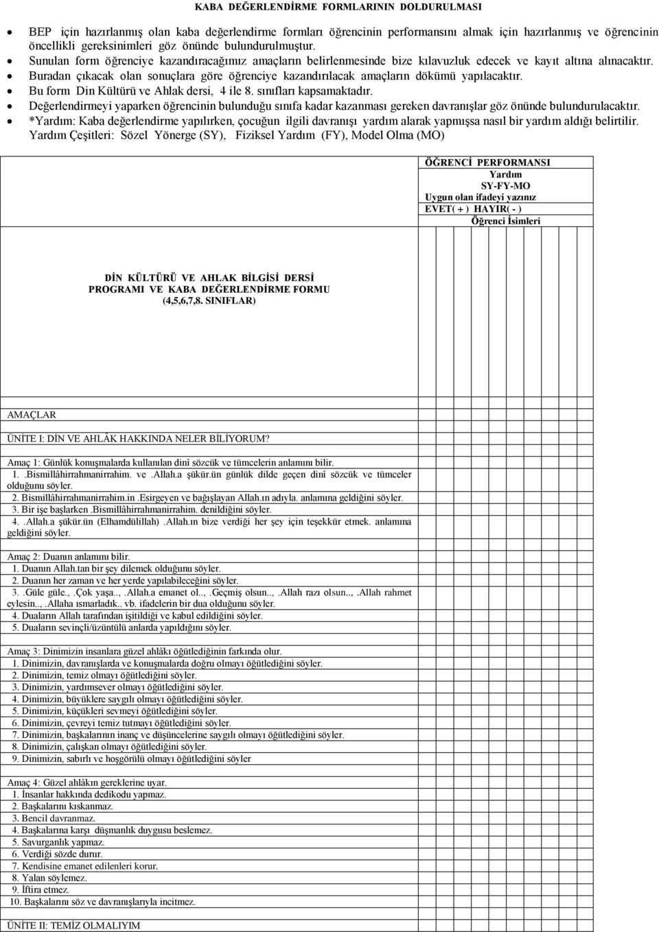 Buradan çıkacak olan sonuçlara göre öğrenciye kazandırılacak amaçların dökümü yapılacaktır. Bu form Din Kültürü ve Ahlak dersi, 4 ile 8. sınıfları kapsamaktadır.