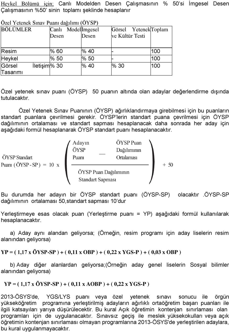 değerlendirme dışında tutulacaktır. Özel Yetenek Sınav Puanının (ÖYSP) ağırlıklandırmaya girebilmesi için bu puanların standart puanlara çevrilmesi gerekir.