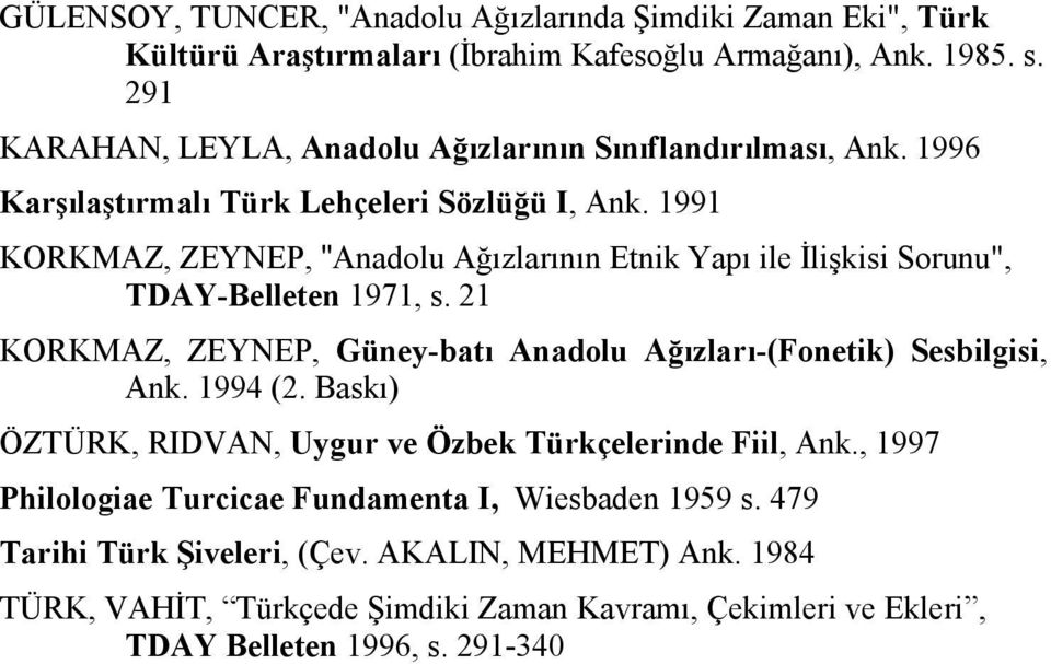 1991 KORKMAZ, ZEYNEP, "Anadolu Ağızlarının Etnik Yapı ile Đlişkisi Sorunu", TDAY-Belleten 1971, s. 21 KORKMAZ, ZEYNEP, Güney-batı Anadolu Ağızları-(Fonetik) Sesbilgisi, Ank.